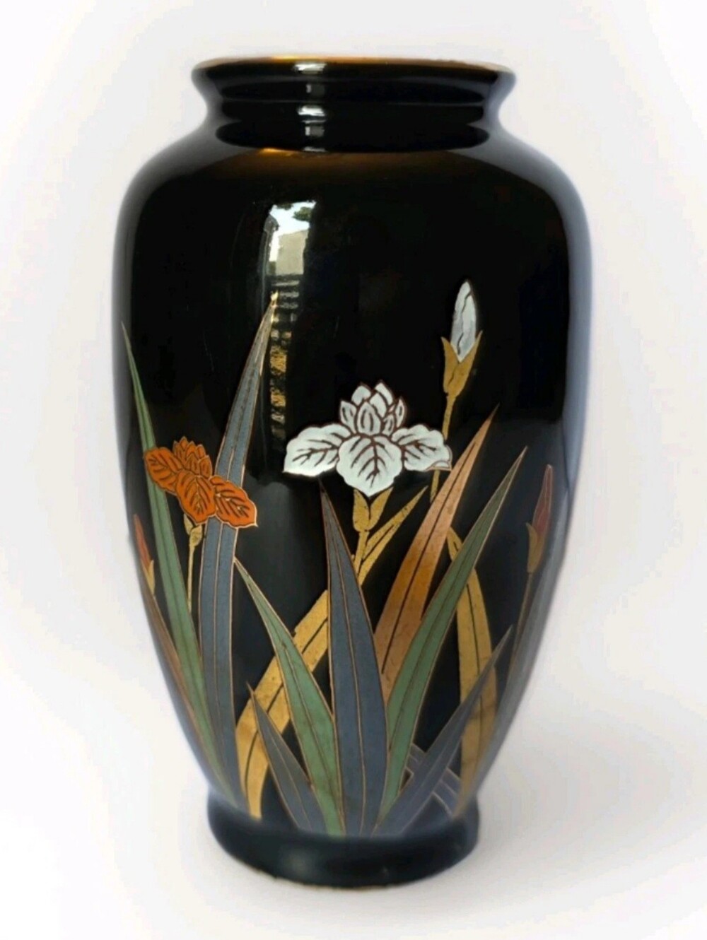 Vintage Otagiri Japan Black Porcelain Iris Vase Gold Trim Floral Decor